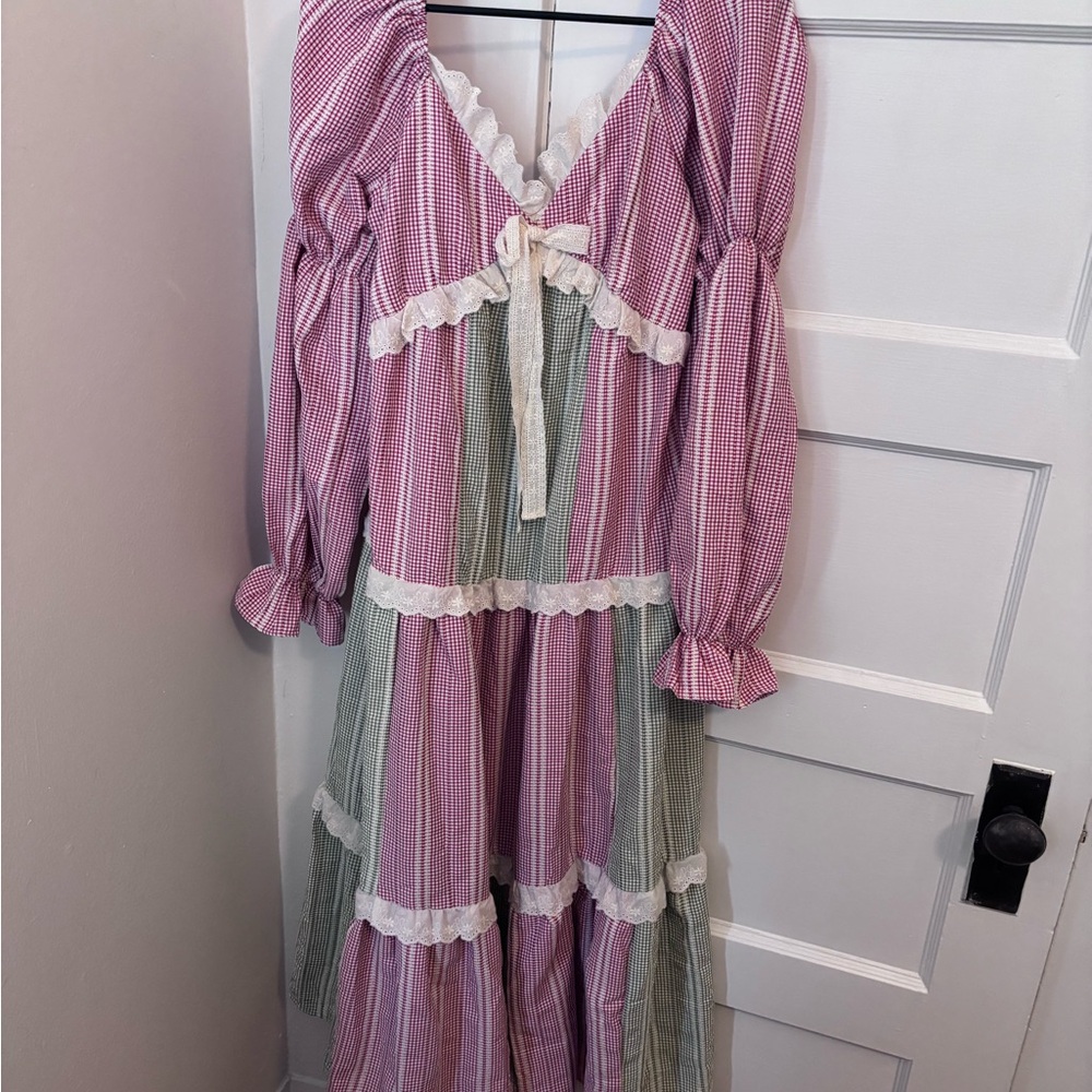Vintage-Inspired Red & Green Gingham Maxi Dress with Lace Trim